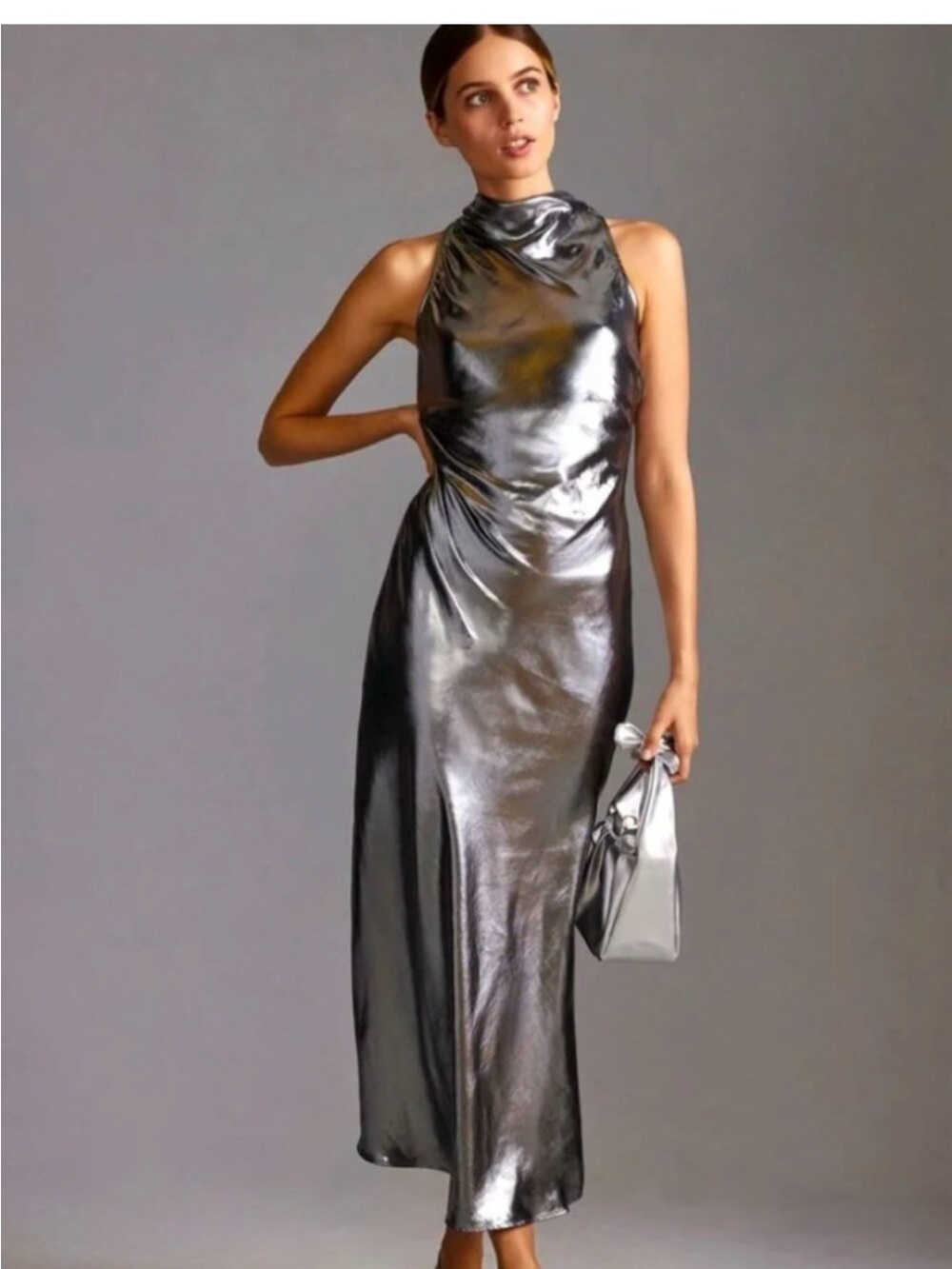 by Anthropologie Silver High Neck Racerback Midi Dress